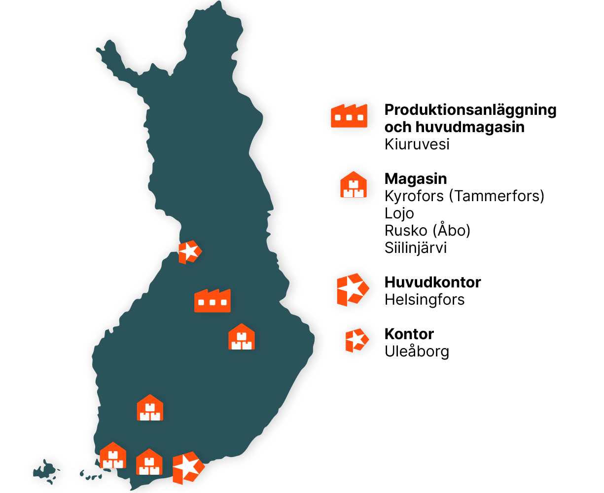 Karta över Pyylahtis verksamhetsorter i Finland